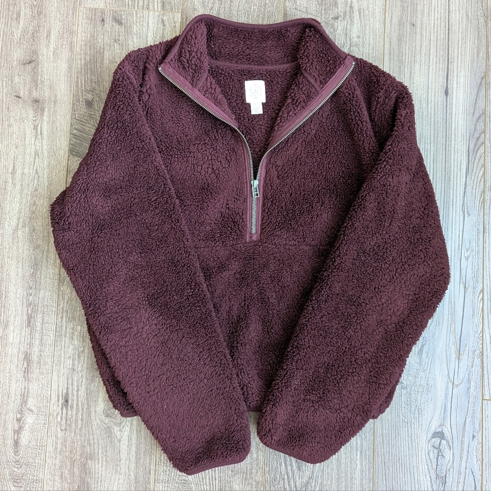 Plush Quarter Zip Teddy Jacket Faux Fur Pullover Sweater Burgundy